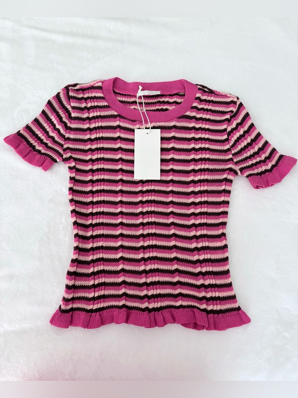 Zara Pink Ribbed Striped Ruffled Hem Knit Tee Short Sleeve Small NWT